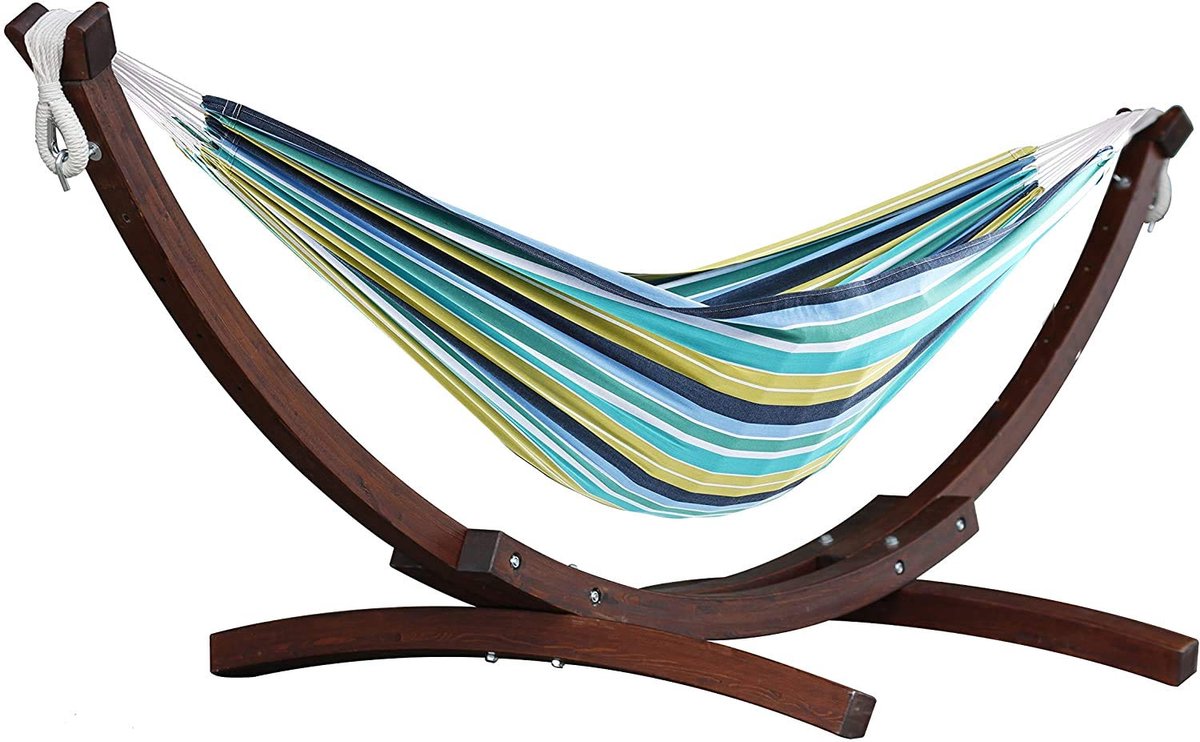 SnelShoppen - Dubbele katoenen hangmat met massief grenen standaard - Cayo Reef - Perfect voor tuin, camping, balkon, en ontspanning