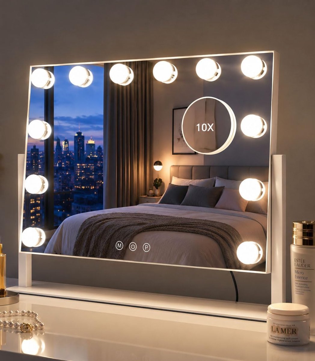 SnelShoppen - Kottova Make-Upspiegel Met Verlichting 15,7 X 11,8 Inch LED-Make-Upspiegel, 10X Spotspiegel, Dimbare 3 Kleuren, 360° Rotatie, Voor Kapta