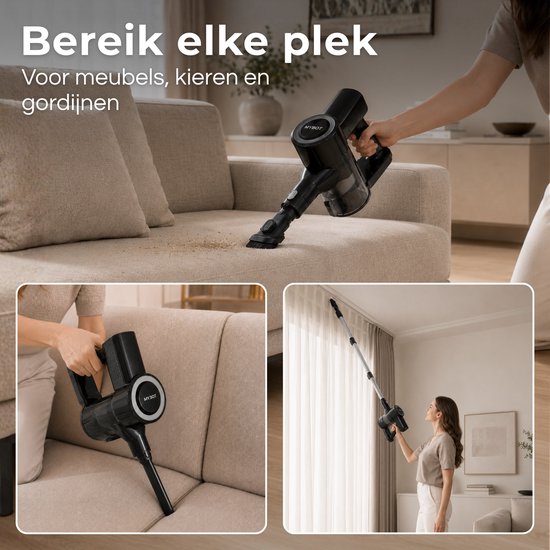Vrouw stofzuigt een beige bank met een zwarte steelstofzuiger en zuigt daarna gordijnen met de verlengbuis. "Bereik elke plek Voor meubels, kieren en gordijnen".