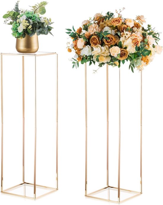 SnelShoppen - 2 Stuks Gouden Bloemstandaard Bruiloft - 100cm Hoge Metalen Kolom Vaas met Acryl Paneel voor Tafelstukken, Rechthoekige Geometrische Vlo