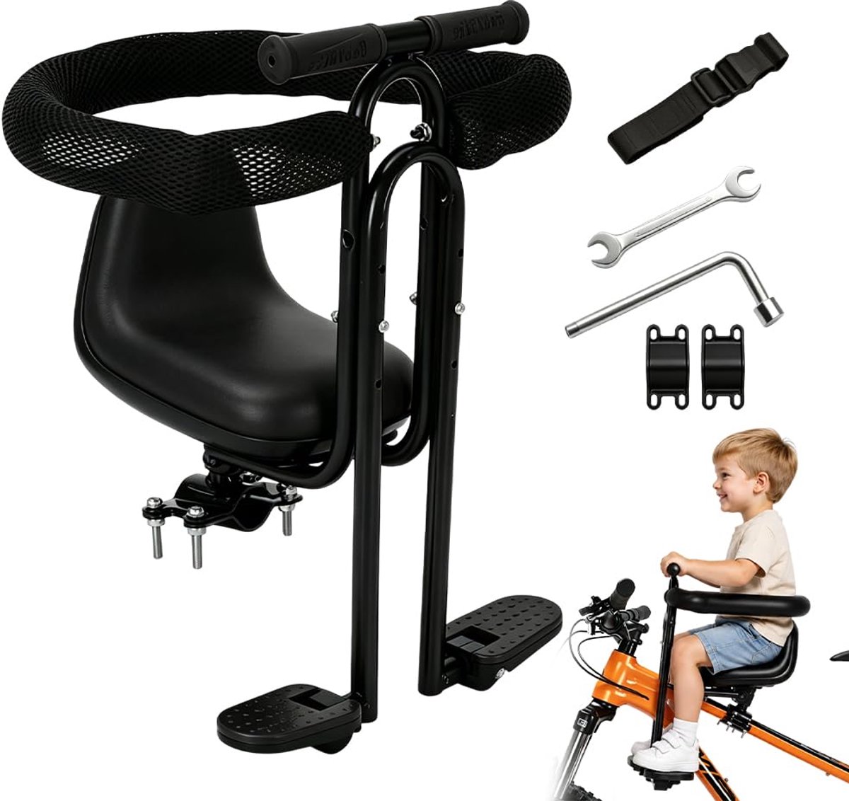 SnelShoppen - Fietszitje voor Kinderen - Comfortabel Kinderzitje met Veiligheidsrooster voor Fiets, Mountainbike, Opvouwbaar, Bruin Kinderzitje