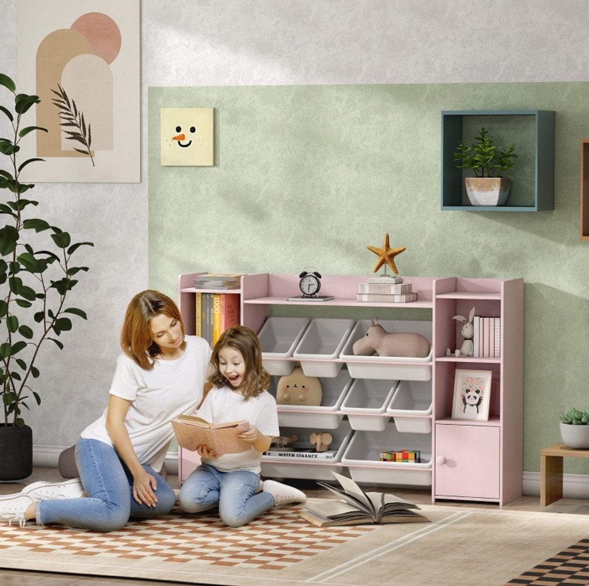 COVREO Kinder-opbergkast 140 x 30 x 90 cm roze, MDF en metaal, 8 boxen
