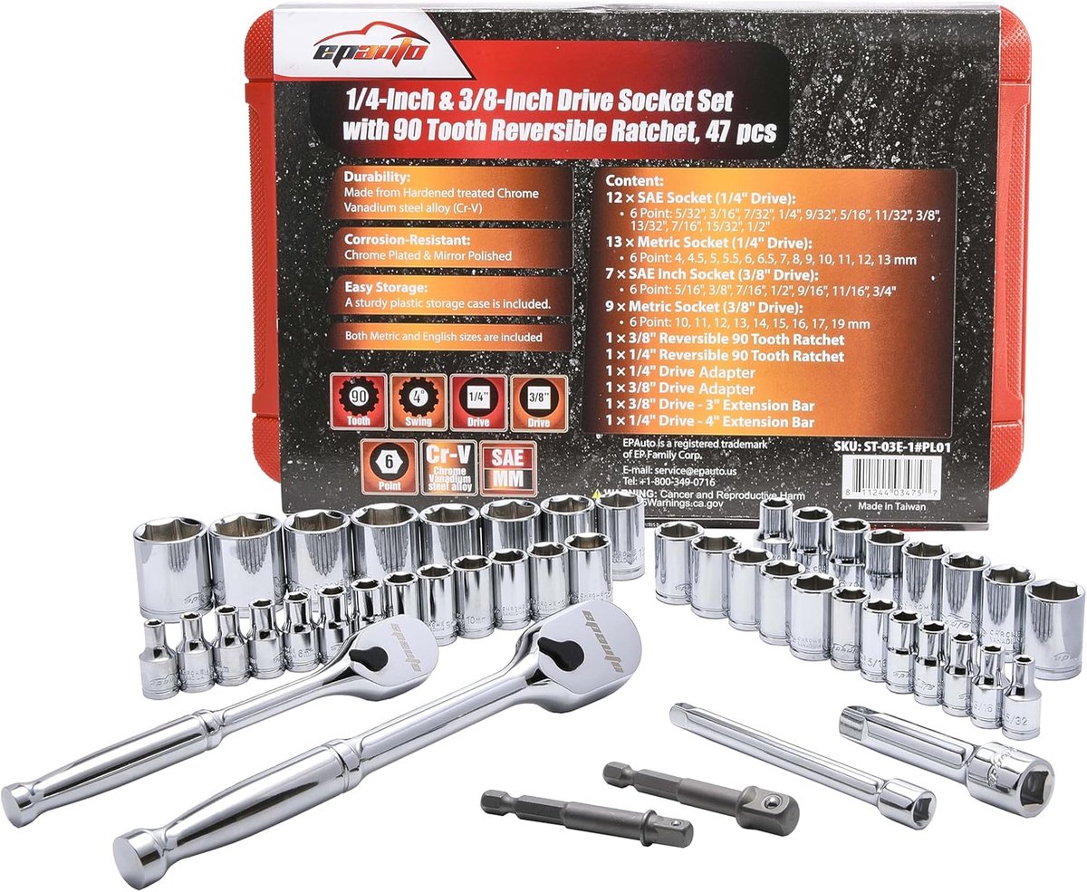 SnelShoppen - 46-delige 1/4 inch en 3/8 inch Aandrijving Dopsleutelset met 90 Tanden Omkeerbare Rats, Duurzaam Gemaakt van Chroom Vanadium Staal, Incl