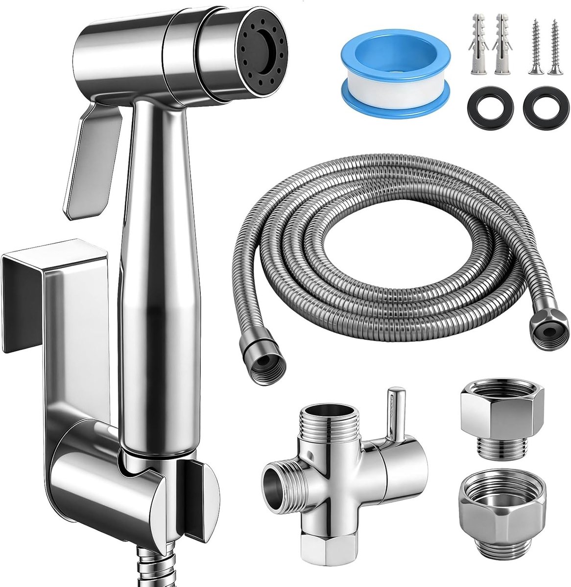 Handheld Bidet Sprayer Set van RVS met T-Adapter en 150cm Slang voor Toilet en Wandmontage, Ideaal voor Hygiëne, Babyverzorging en Huisdierbad
