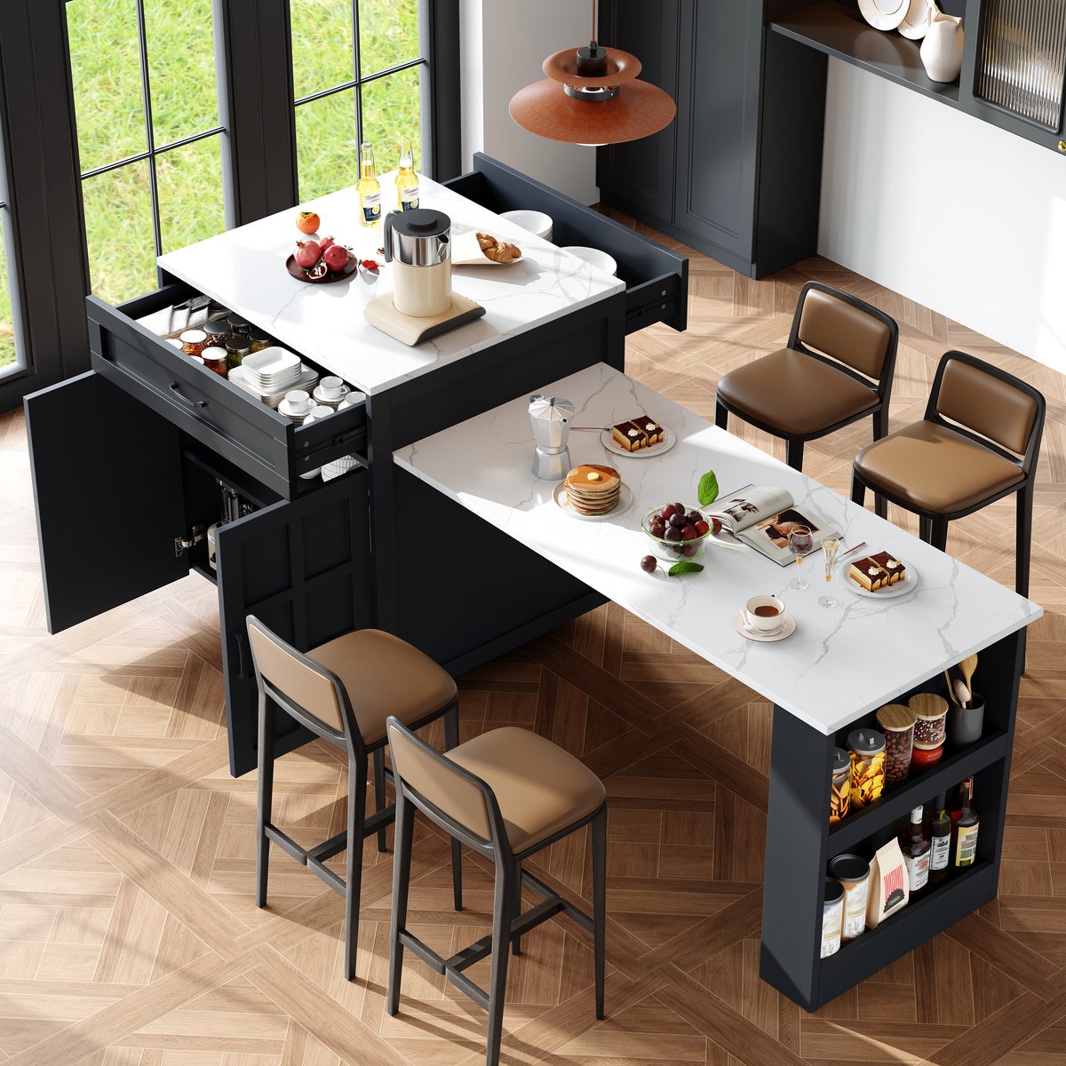 Uitschuifbare Bartafel - Keukeneiland Met Opbergruimte En 2 Laden Voor 2-6 Personen Zwart