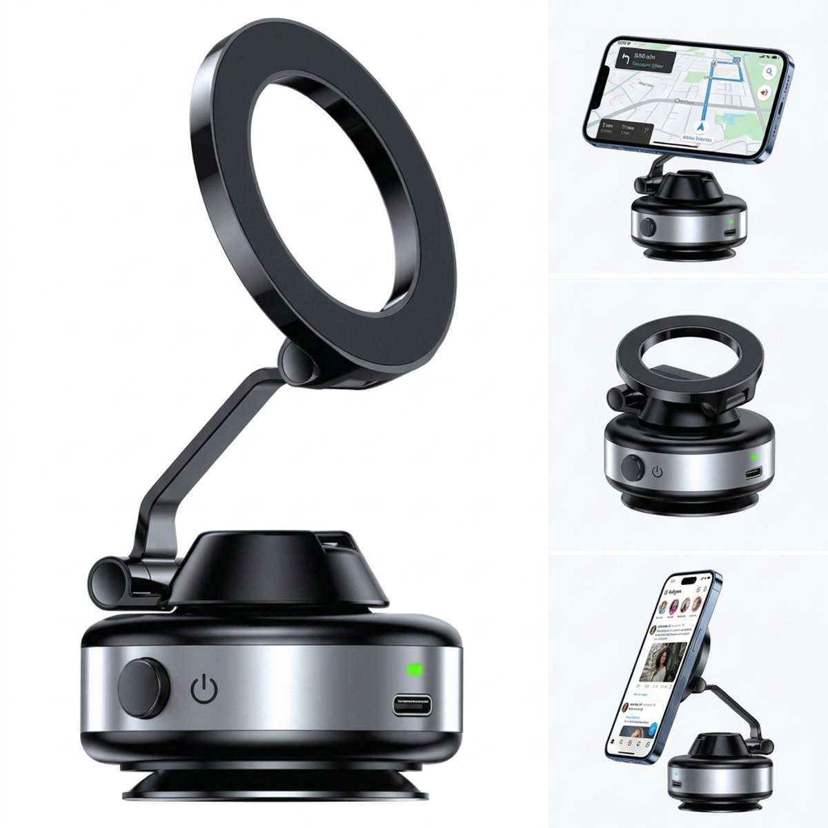 Fokelyi Telefoonhouders Auto - Elektrische Vacuüm Zuignap Met N52 Sterke Magneet - 360° Drie-assige Opvouwbare GSM Houder Auto - Dubbele Magnetische Ring - Geschikt Voor Voorruit