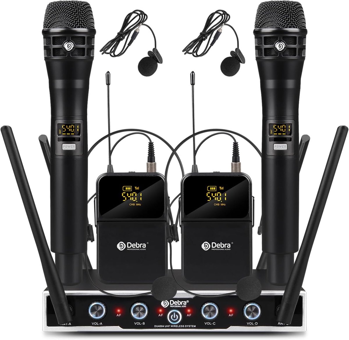 SnelShoppen - D Draadloze UHF Microfoonset met Bodypack, Headset, Lavalier en Handheld Microfoons - 4x16 Instelbare Kanalen voor Vergaderingen, Kerkdi