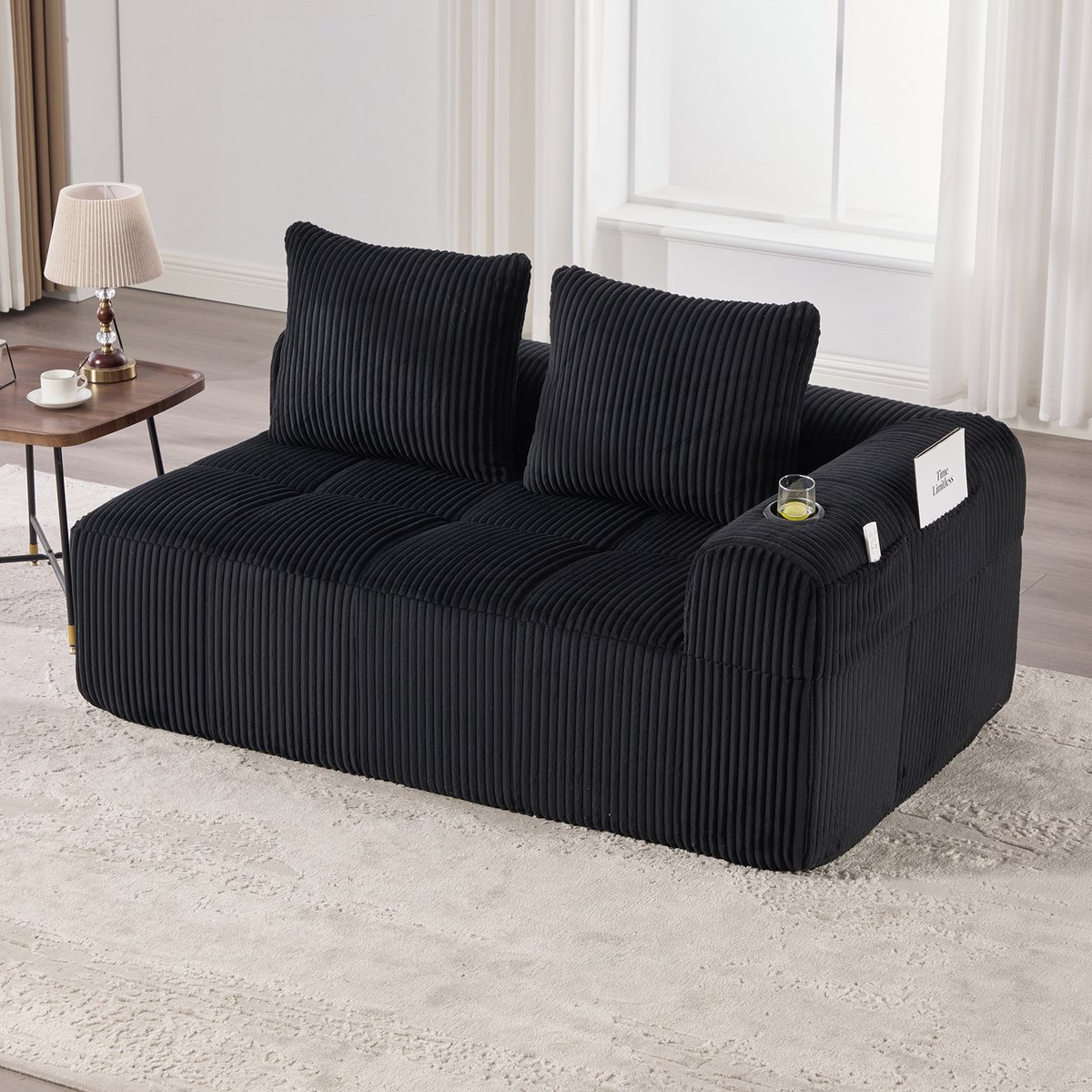 Modulaire 2-Zits Bank - Ribfluweel Sofa Met Bekerhouder, Opbergtas En Zachte Rugleuning