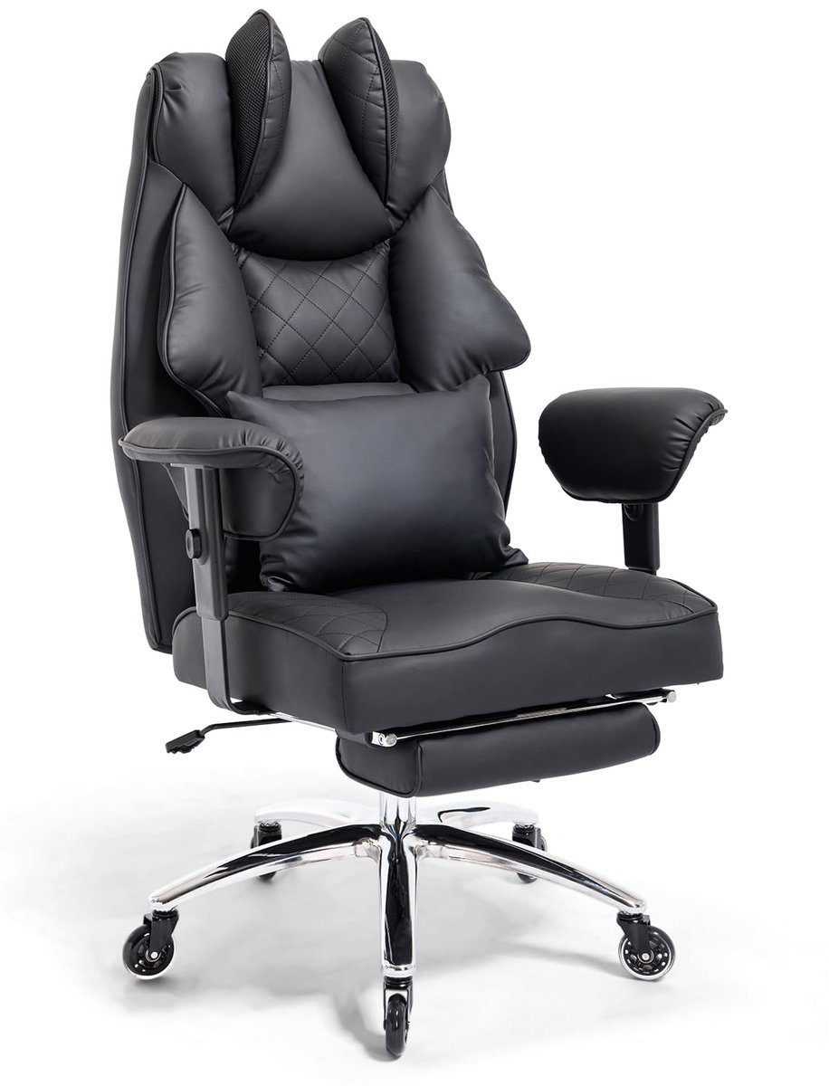 Asukale Ergonomische Bureaustoel – Bureaustoel – Comfortabele, verbrede XXL-zitting – Directiestoel – Dik kussen – Hoge rugleuning – Volledig omhullend ontwerp – In hoogte verstelbaar – Maximaal draagvermogen 200 kg – zwart(Krasbestendig leer)