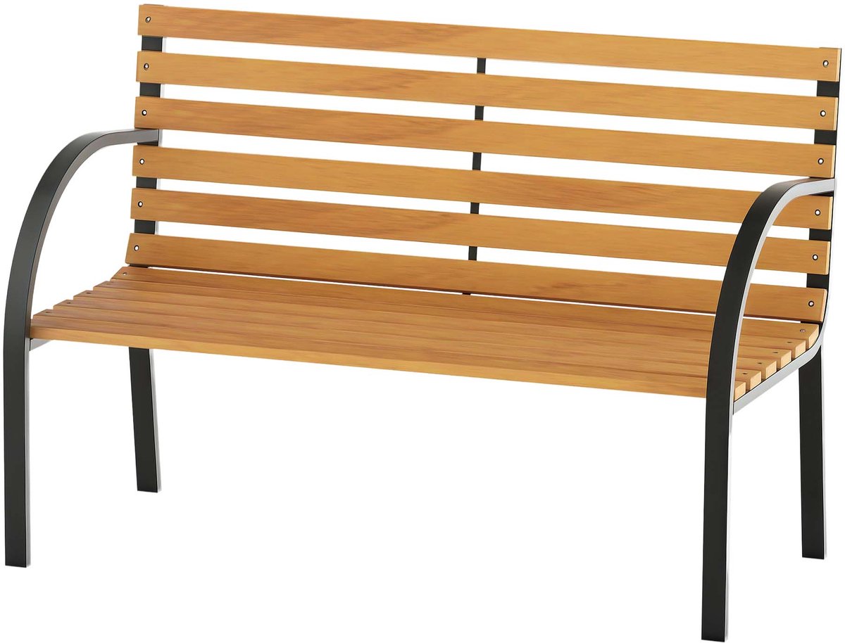 Tuinbank 2-persoons 122x60x83 cm zwart + houtkleur ruime zitplaats stevig en duurzaam metalen frame houten zitting en rugleuning draagvermogen 220 kg eenvoudig te monteren en reinigen geschikt voor buitenplaats en balkon