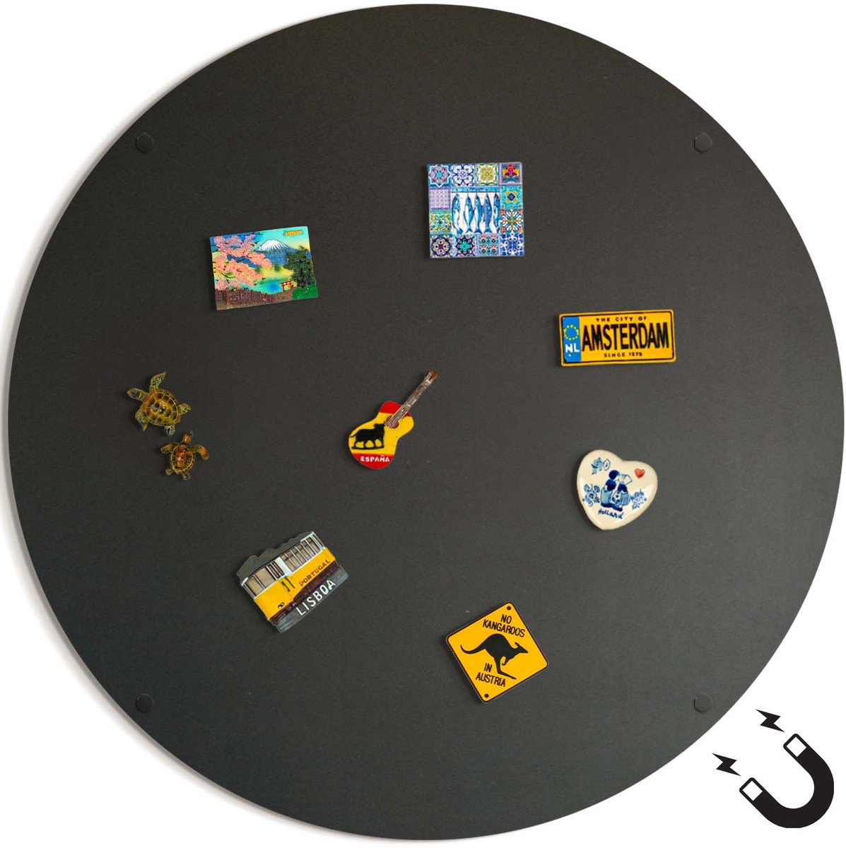 ArtPrintCave - Ronde magneetbord voor souvenir magneten - 70 cm - Zwart staal - Magnetisch bord voor reismagneten - Magneetbord voor vakantiemagneten
