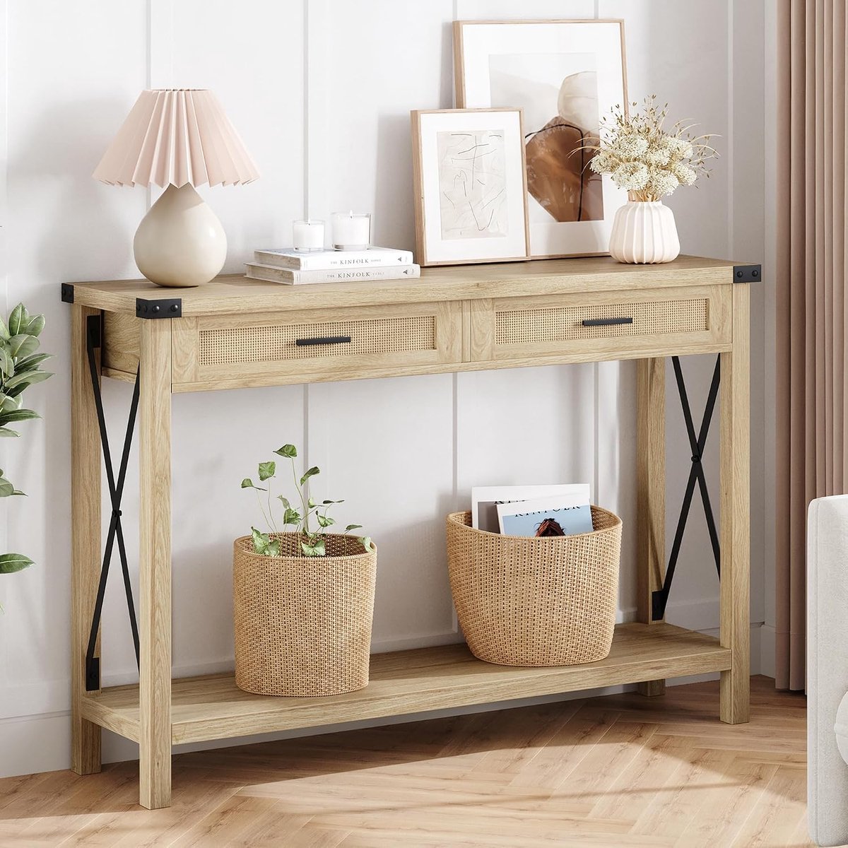 Sidetable met Rotan Lades - Consoletafel Boho & Industrieel - Haltafel met Opbergruimte - Smalle Sidetable voor Gang en Woonkamer - 110x30x76 cm - Naturel Hout & Zwart Metaal