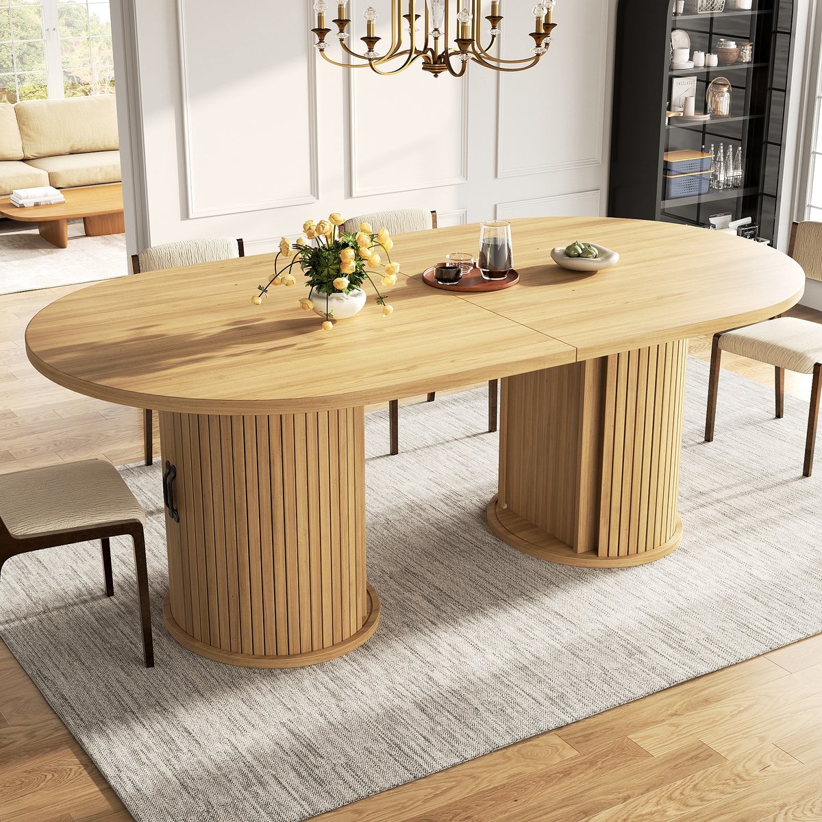 PHOEBE CAT Uitschuifbare Eettafel - 149-189 × 80 × 75 cm - Met opbergruimte - Metalen handgrepen - Naturel