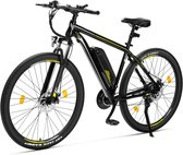 Zwarte Touroll U1 elektrische fiets met gele accenten, op een witte achtergrond, met voorwielophanging en schijfremmen.