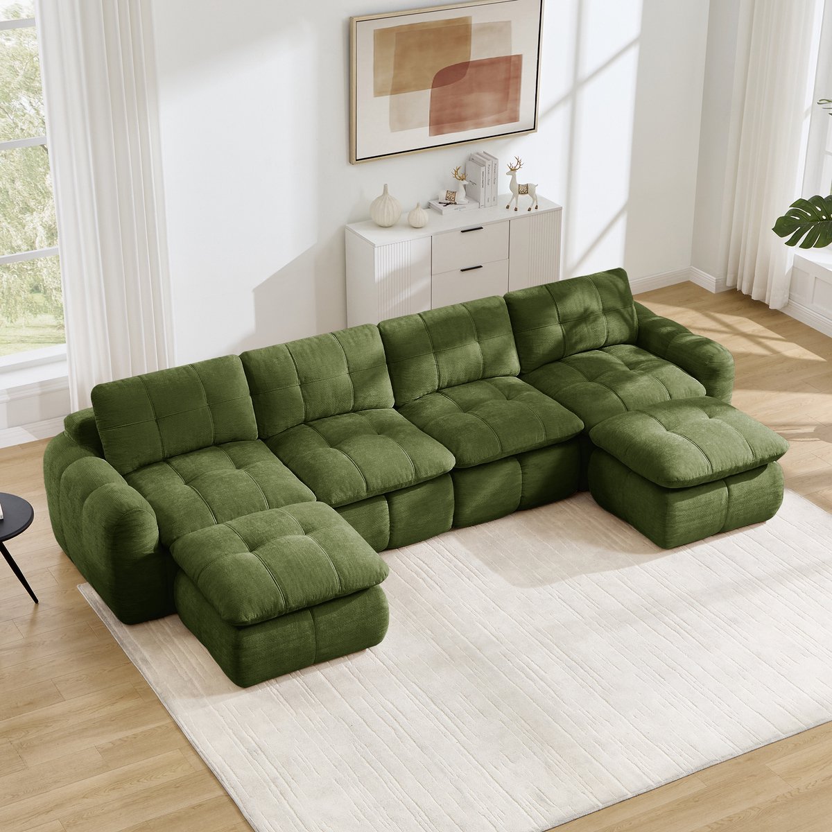 Moderne Hoekbank, U-Bank, 4-Zits bank, Modulaire U-Bank Voor 4 Personen, Frameloos, Met Ruitvormig Doorgestikt Patroon, Huidvriendelijke Chenille Bekleding, Brede Diepe Zitplaatsen, Vrij Combineerbaar, Montagevrij,Groente