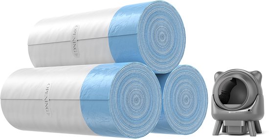 Drie rollen met witte kattenbakzakken, voorzien van blauwe opening en de tekst 'OPENING'. Naast de rollen staat een grijze kattenbakvormige prullenbak.