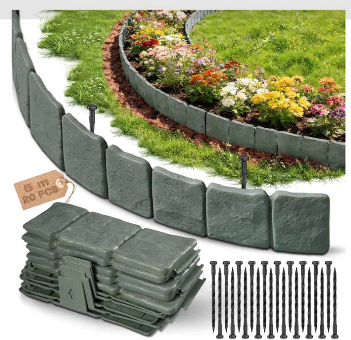 Kunststof Gazonrand Steenlook - Tuinpalissade - Tuindecoratie - Stevig en Duurzaam - 25x10 cm - 20 Stuks