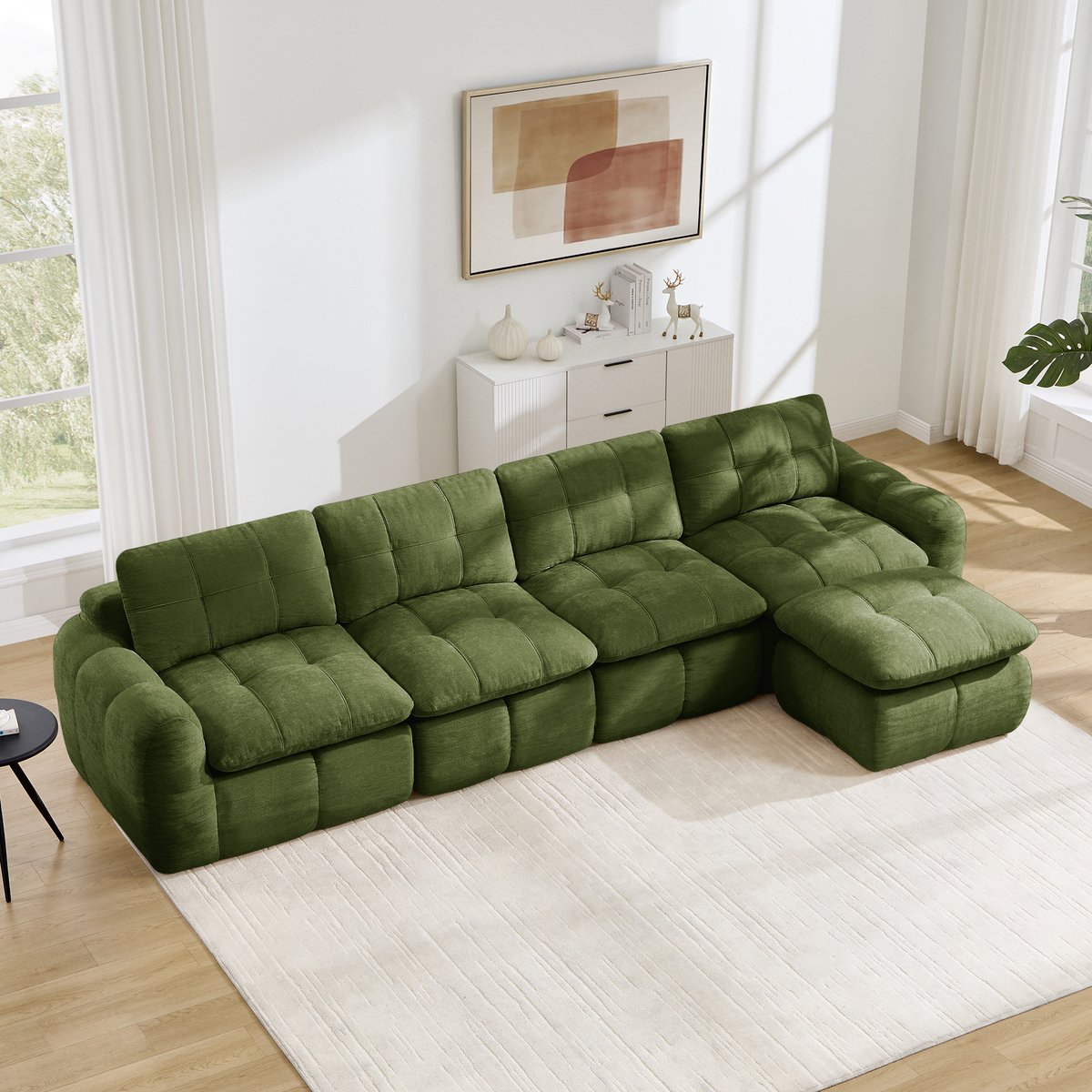 Moderne Hoekbank, L-Bank, 4-Zits bank, 4-Zits L-Vormige, Frameloze Modulaire Bank Met Ruitvormig Stikselpatroon, Chenille Bekleding, Brede En Diepe Zitplaatsen, Vrij Verplaatsbaar, Montagevrij,Groente