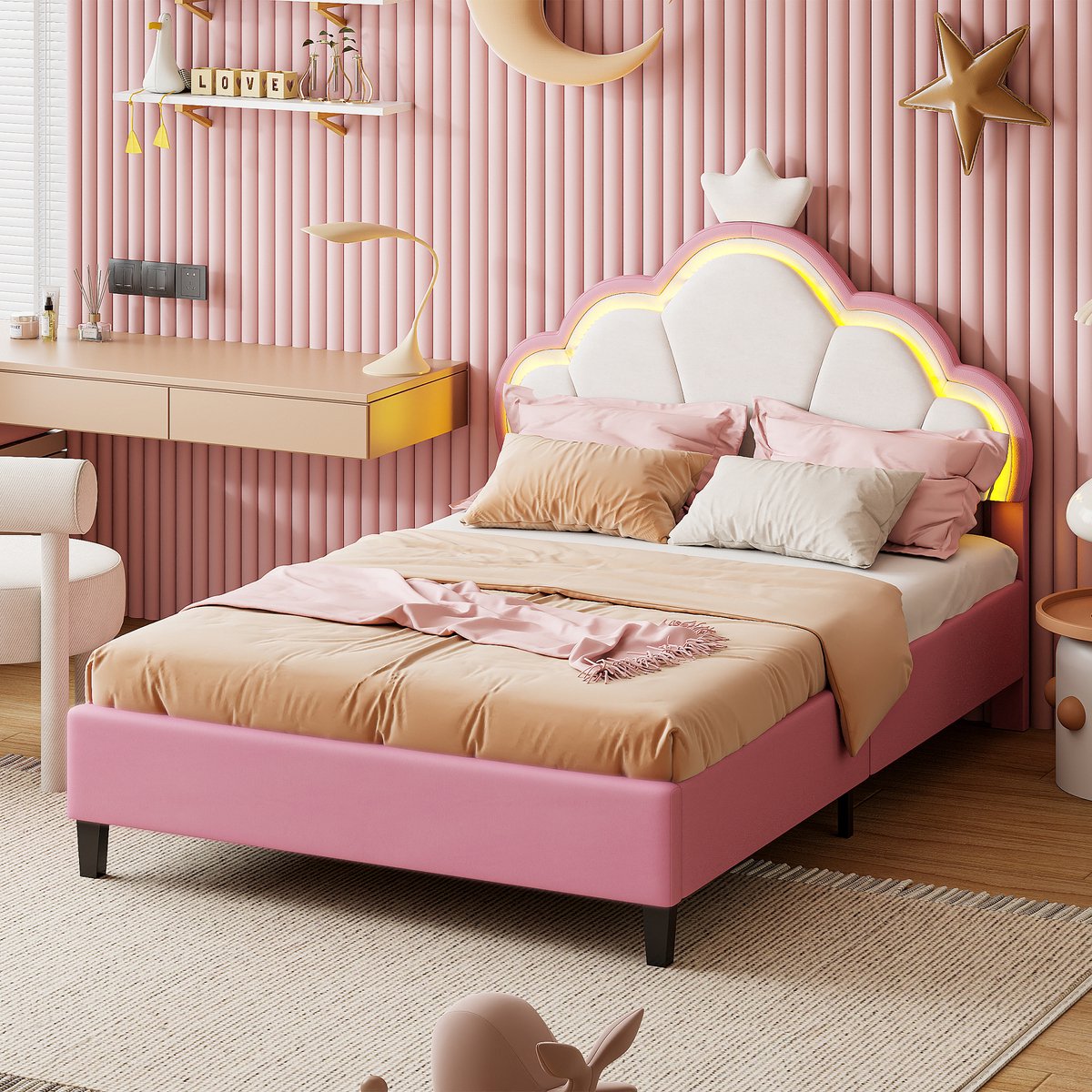 Prinsessenbed 90x190 Roze met LED – Fluwelen Meisjesbed met Wolken Hoofdbord & Kroon – Gestoffeerd Kinderbed