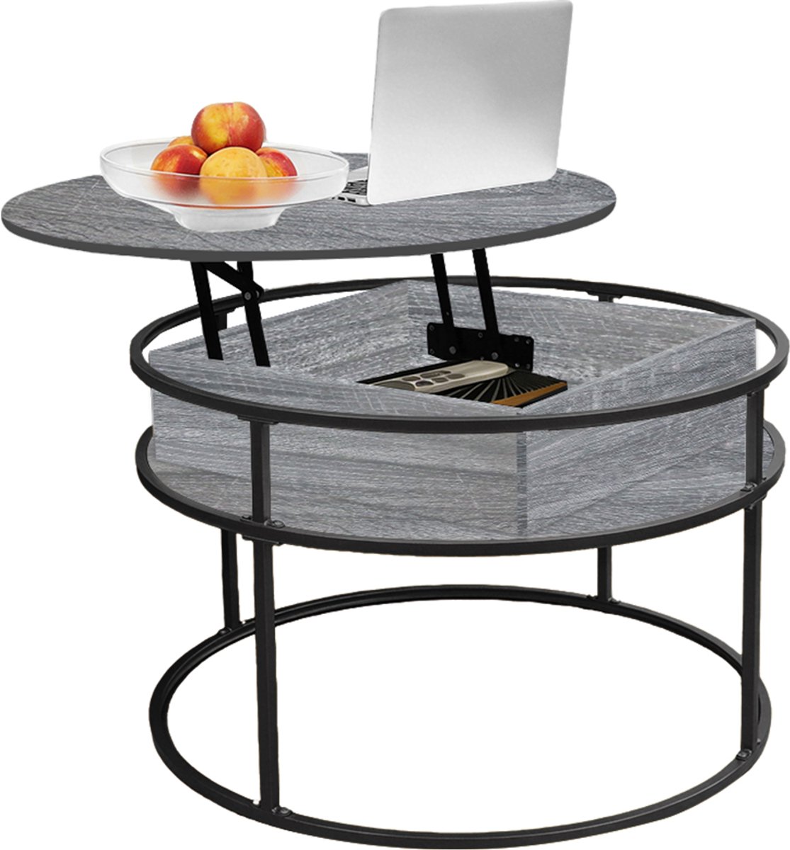 PIPIPOXER-Salontafel –Salontafel in hoogte verstelbaar - woonkamertafel met hefplaat - Salontafel rond - Table basse de salon - Kleine Tafel - Salontafels - Diameter 60 x 60 cm - Donkergrijs