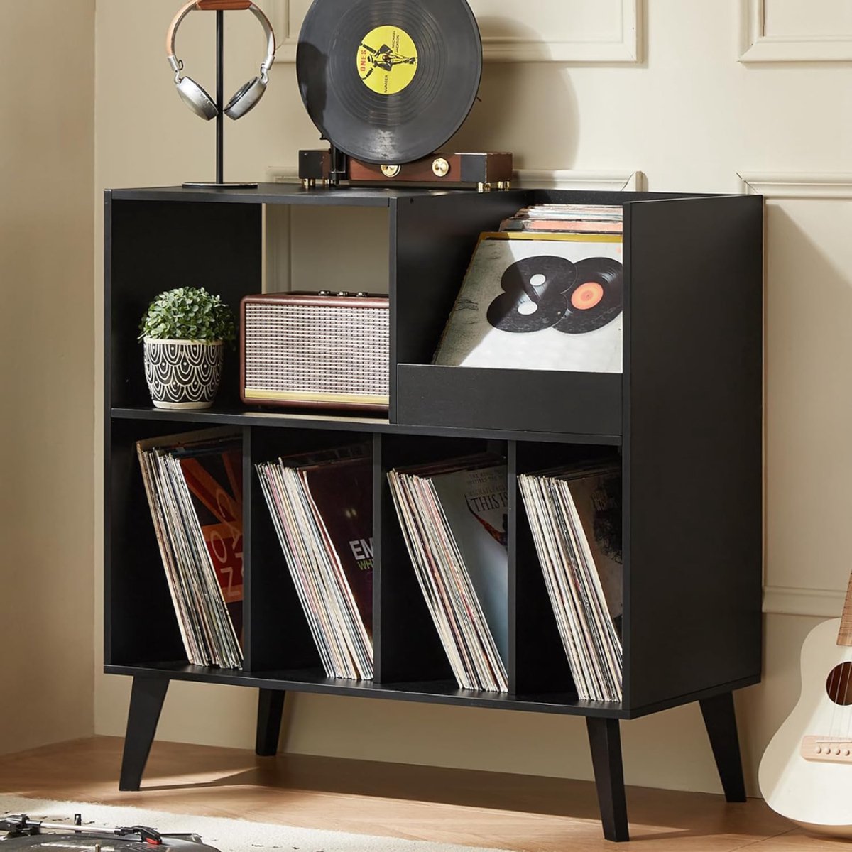 SNJY® Platenspeler Meubel - Platenspeler Kast - LP Houder - Platenhouder - 40D x 80B x 82,6H cm - Zwart