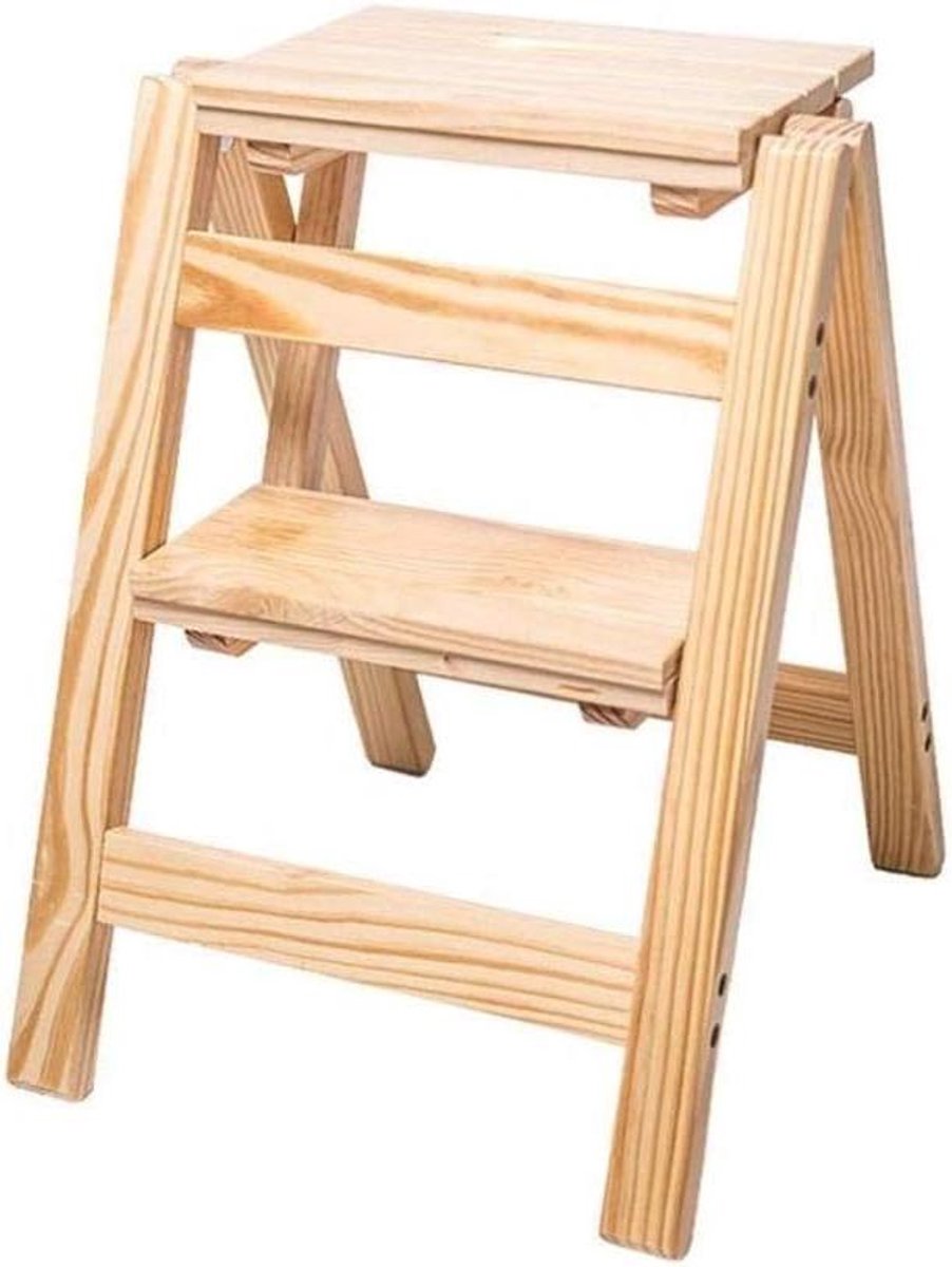 Houten Opstap Kruk - Ladder Stoel - Huisdecoratie - Opvouwbaar - 2 treden - Geel