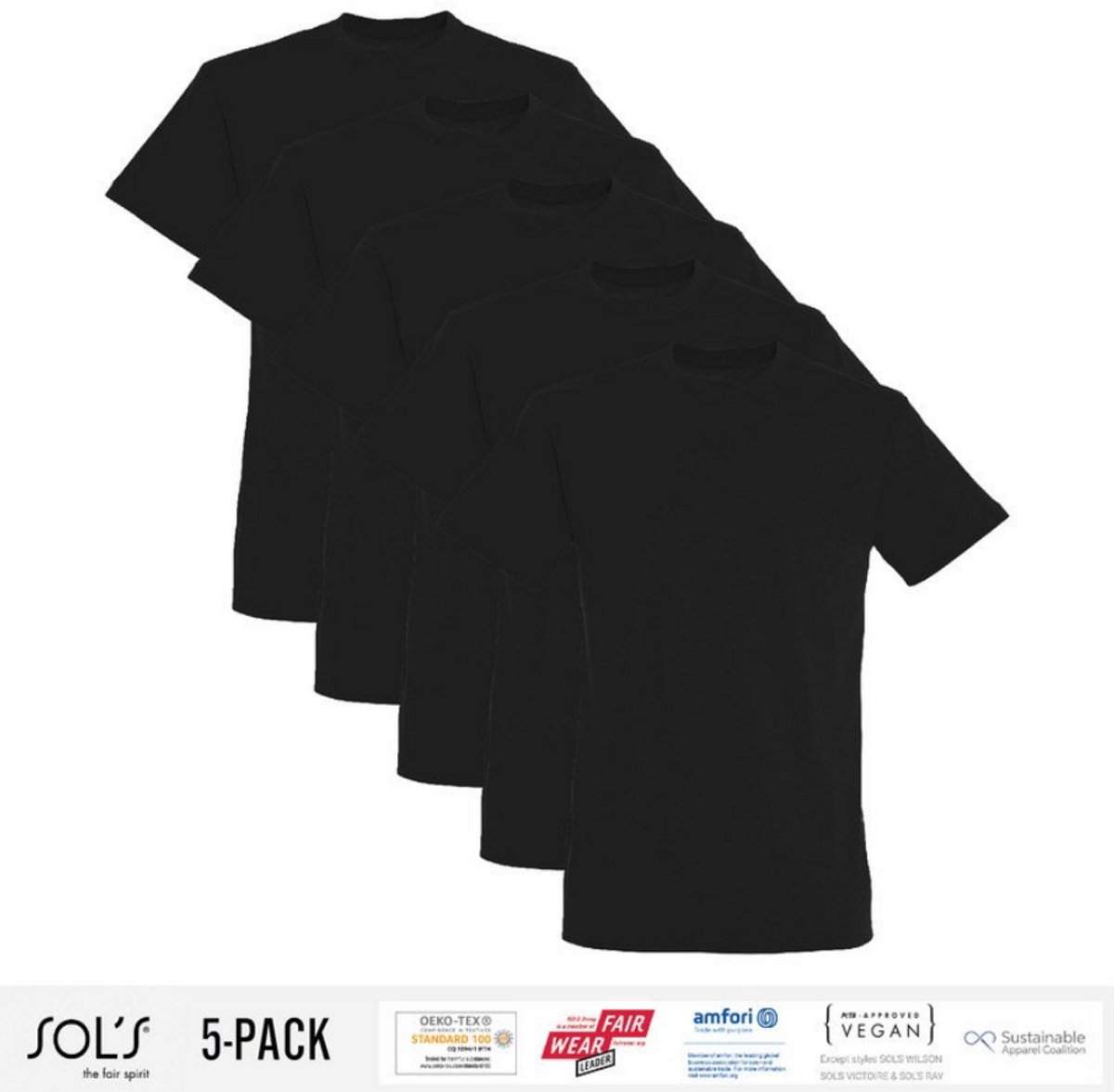 5 Pack Sol's Heren T-Shirt 100% biologisch katoen Ronde hals Zwart Maat S