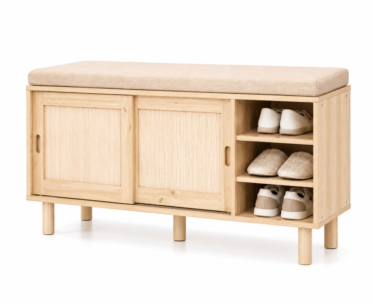 ITRONIQ Schoenenbank Met Schuifdeuren en Zitkussen - Schoenenkast Met Opbergruimte 121 x 35 CM - Halbank Bamboe Naturel