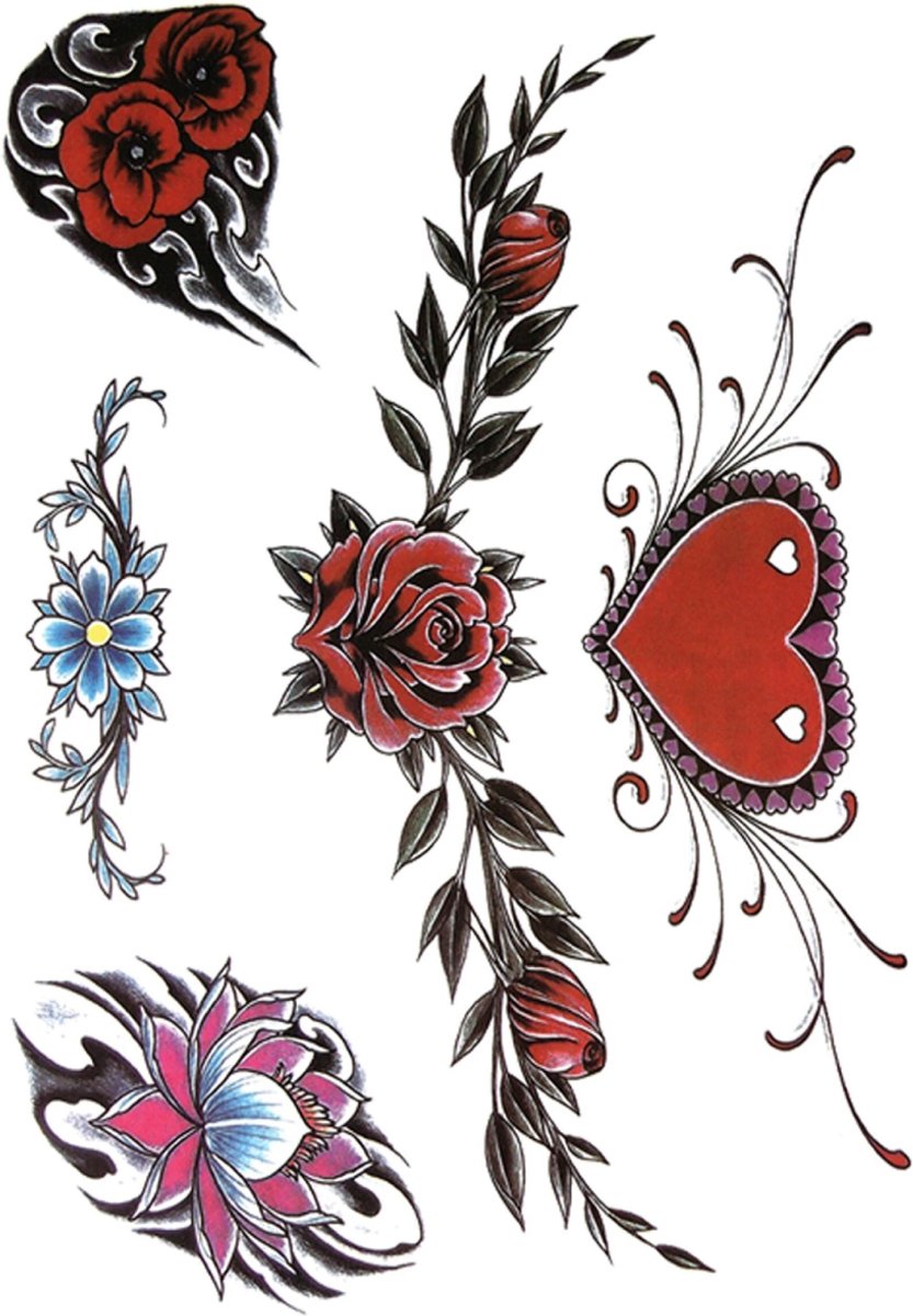 Temporary Tattoo Rood Hart Rode Rozen Tribal Vrouwelijk (A5 formaat) [Neptattoo - Tijdelijke tatoeage - Nep Fake Tattoos - Water overdraagbare festival sticker henna outfit tattoo - Glitter tattoo - Volwassenen Kinderen Jongen Meisje]