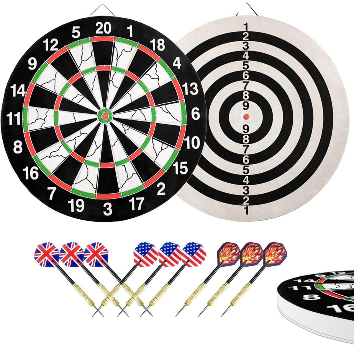 SnelShoppen - Dartbord 43 cm Dubbelzijdig - 9 Dartpijlen met Stalen Punt - 2 cm Dikte - Hoogwaardige Papier Dartbord - Klassieke en Trainingszijde - V