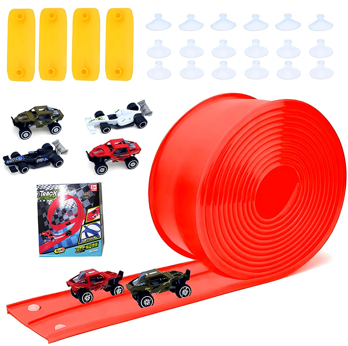 5 meter flexibele racebaan - Gemonteerde racebaan met traagheidsmechanisme - Inclusief 4 speelgoedauto's - Draagbaar ontwerp met dubbele rails - Geschikt voor kinderen vanaf 3 jaar - Lange speelgoedracebaan - Bouwpakket voor kinderen - Rood