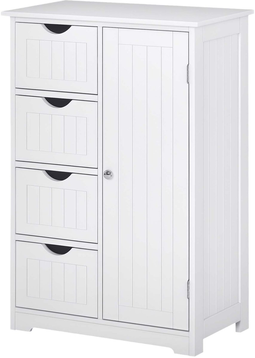 Badkamerkast Opbergkast Bijzetkast Buffetkast 56x30x83cm Wit Met 4 Lades en Verstelbare Plank Compact Ruimtebesparend Ontwerp Vochtbestendig Duurzaam Ontwerp Eenvoudig te Monteren en Reinigen Geschikt voor Badkamer, Keuken en Slaapkamer