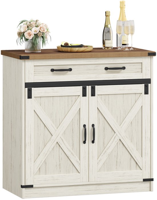 Witte kast met houten blad en zwarte accenten, met een lade en twee deuren.