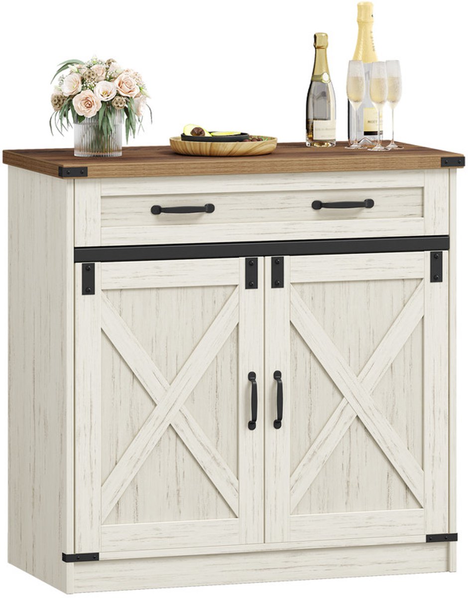 Hzuaneri Keukenkast, Sideboard Met Lade, Opbergkast Met 2 Deuren, Verstelbare Planken, Landhuisstijl, Keuken, Woonkamer, 40 x 80 x 80 cm, Vintage Bruin-Wit