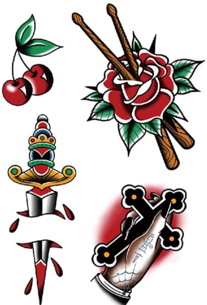 Temporary Tattoo Japan Zwaard Roos Kersen Kruis (A5 formaat) [Neptattoo - Tijdelijke tatoeage - Nep Fake Tattoos - Water overdraagbare festival sticker henna outfit tattoo - Glitter tattoo - Volwassenen Kinderen Jongen Meisje]