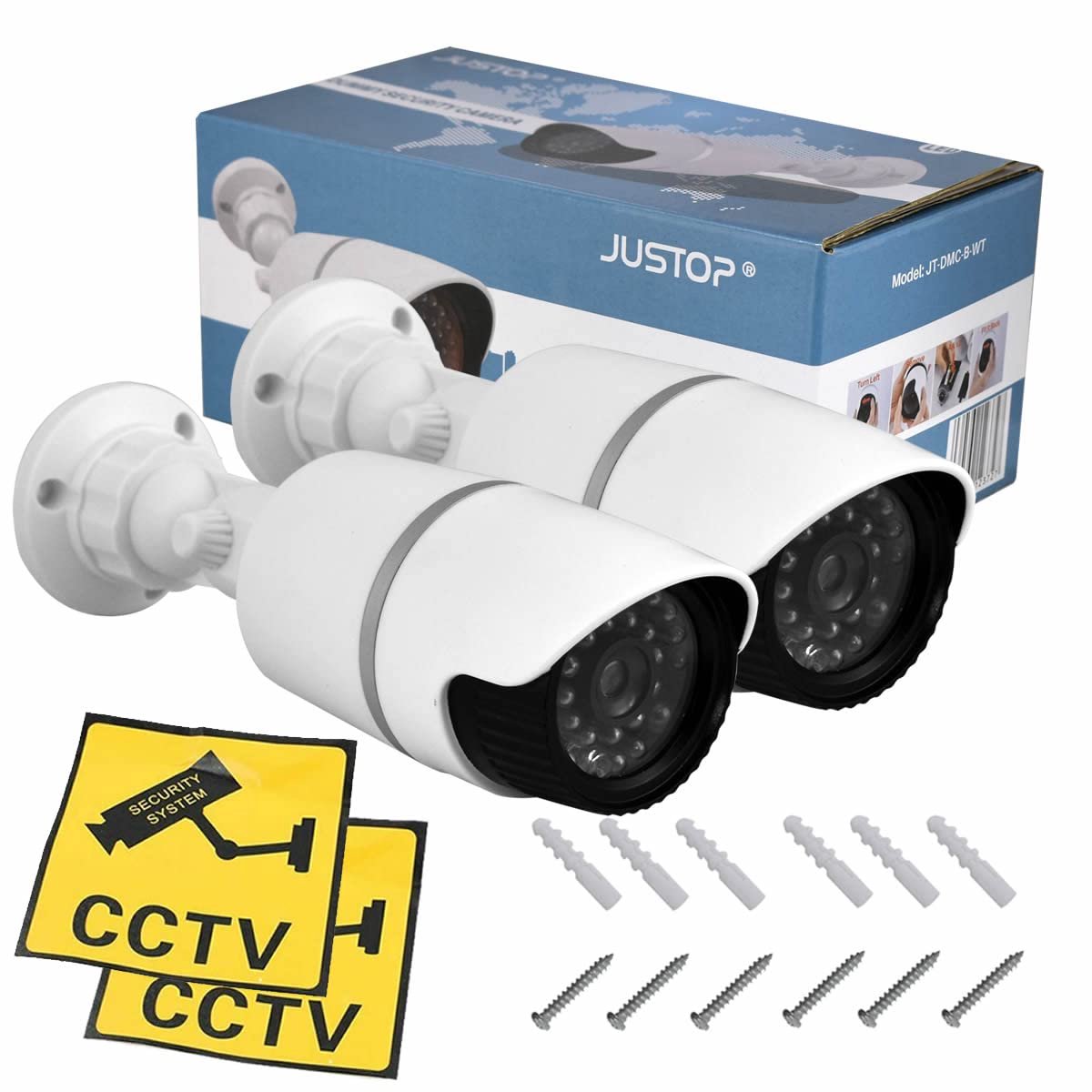 SnelShoppen - JUSTOP Dummy CCTV-camera, nep Bullet beveiligingscamera met knipperende LED, waterdicht voor binnen of buiten, professionele zwart-wit b