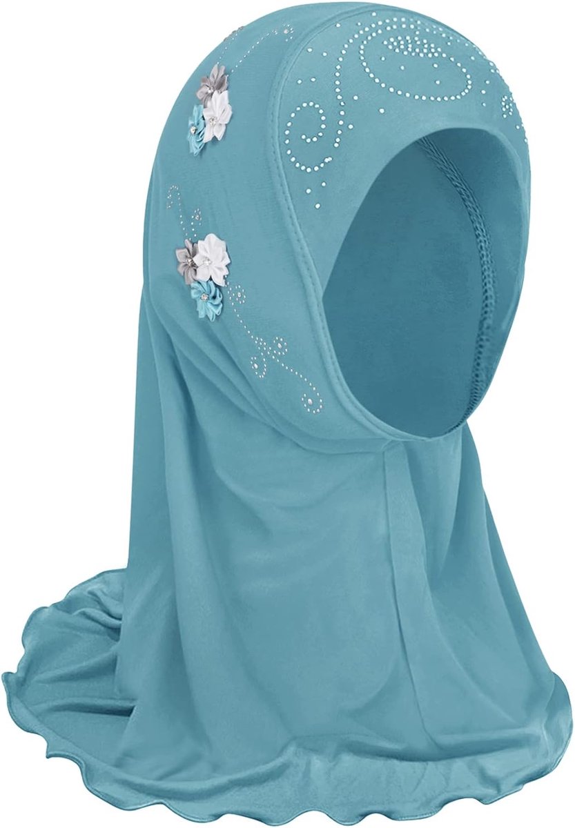 Meisjeshoofddoek voor kinderen, moslimitische hijab, klein meisje, moslim sjaal met bloemen, Arabië, islamitische hoofdkap, kleding, sjaal, zomer, stretch, tulband, gezichtssluier, groen, Eén maat