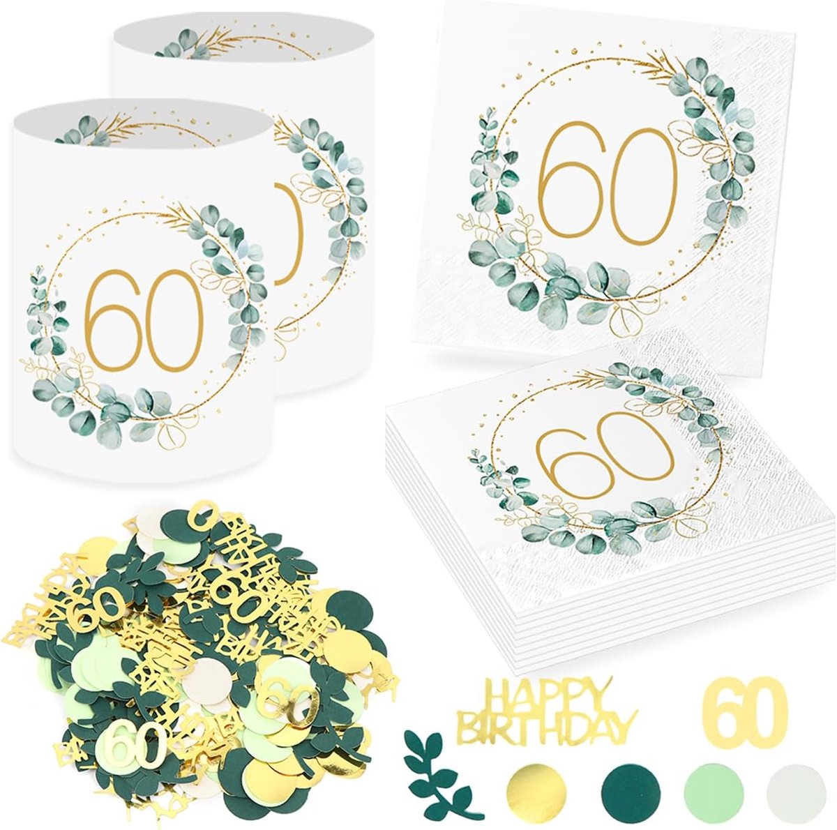 20 stuks 60e verjaardag decoratie servetten + 12 stuks windlicht tafeldecoratie 60e verjaardag + eucalyptus confetti tafeldecoratie groene decoratie 60e verjaardag vrouw, geschenken voor 60e