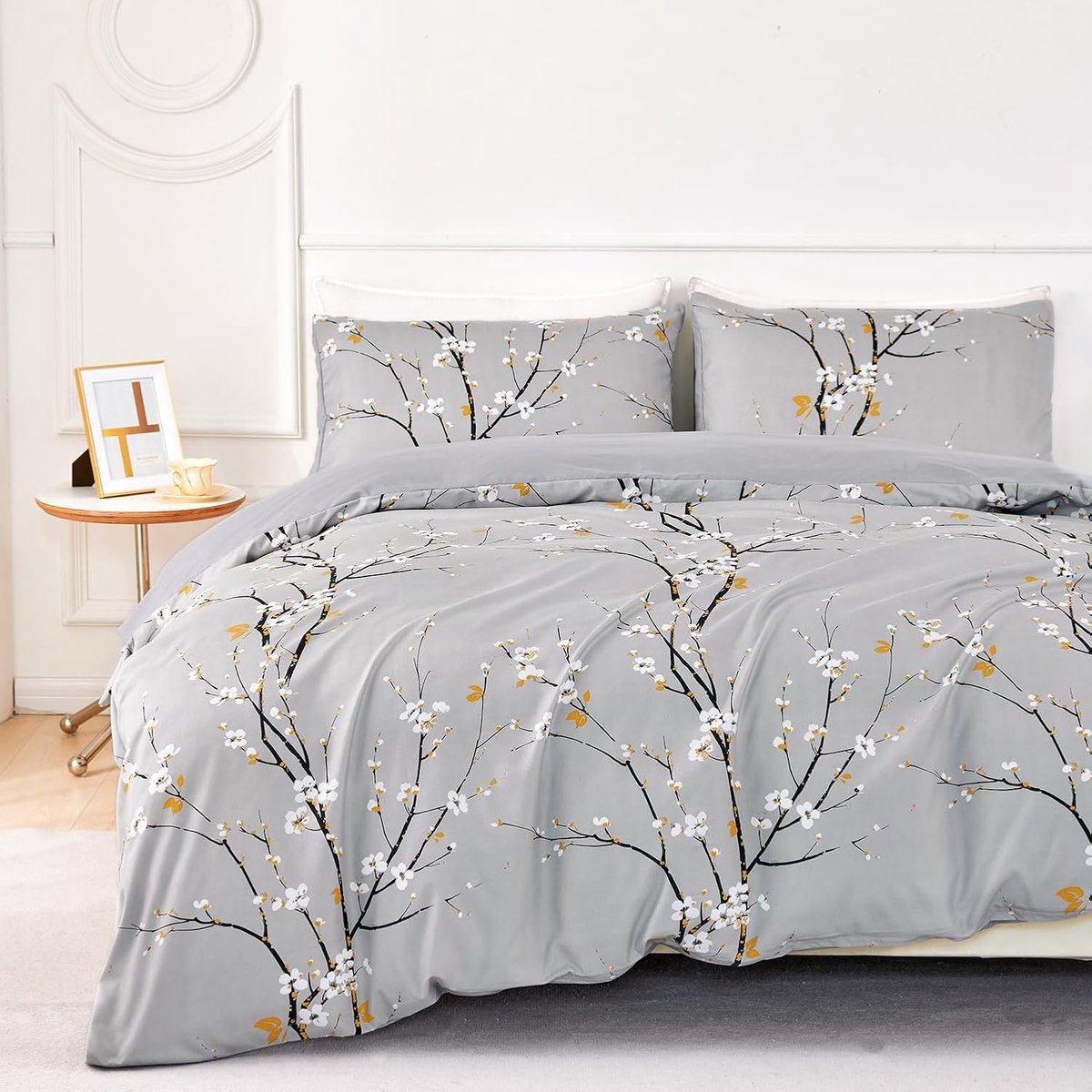 Bloemen- en takkenpatroon dekbedovertrekset 200 x 200 cm 1 persoon en 2 x kussenslopen 65 x 65 cm modern microvezel bloemenbeddengoed set met ritssluiting, grijs
