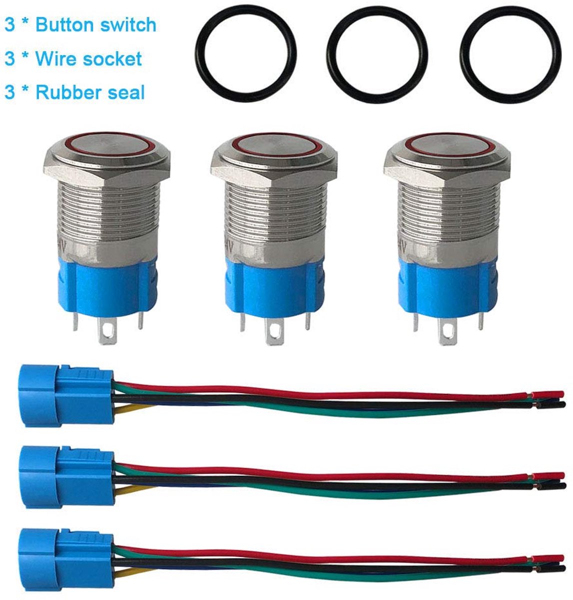 SnelShoppen - 3Pcs Premium 19mm Momentary Drukknop Schakelaar, 12V/24V 5A Auto Ontstekingsschakelaar, Rood LED Licht IP67 Waterdichte Metalen Schakela