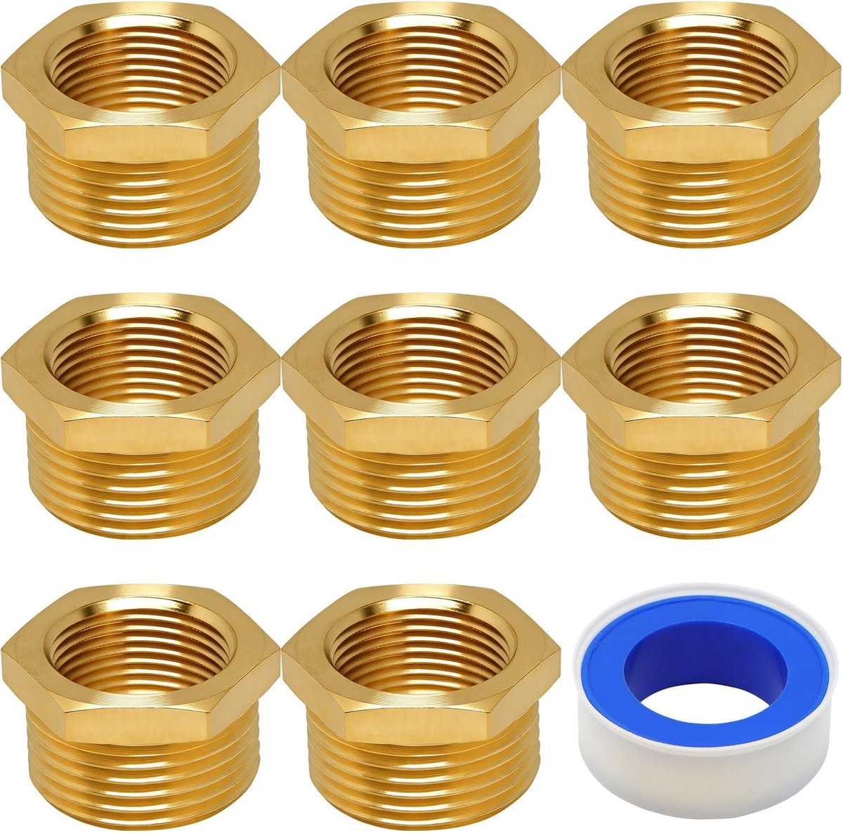 8 stuks verloopstuk 1/2 naar 3/8, verloopstuk 1/2 naar 3/8 inch adapter water, AG/IG reductie, buitendraad naar binnendraad messing nippel, schroefdraadfitting voor waterleidingen, met 1