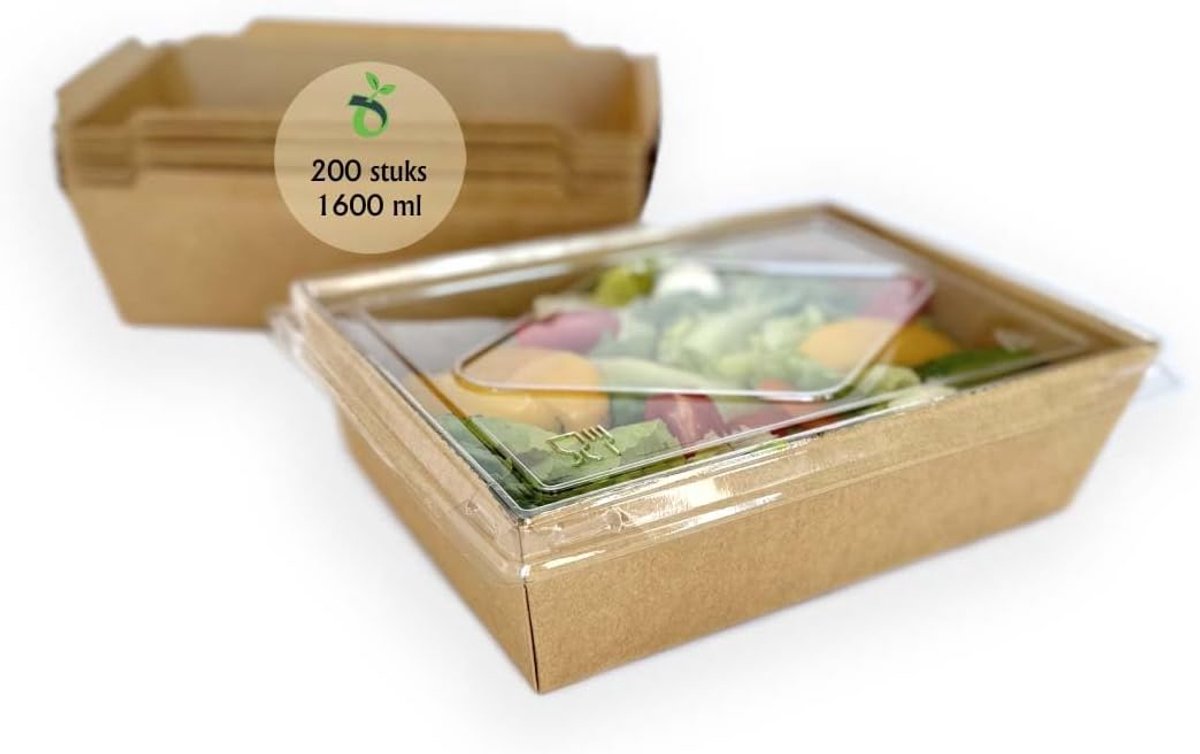 Lunchbox met deksel 50 stuks 1600 ml | Wegwerp kartonnen lunchboxen met stevige deksel, voedselcontainers voor salades, snacks, maaltijden en gebak