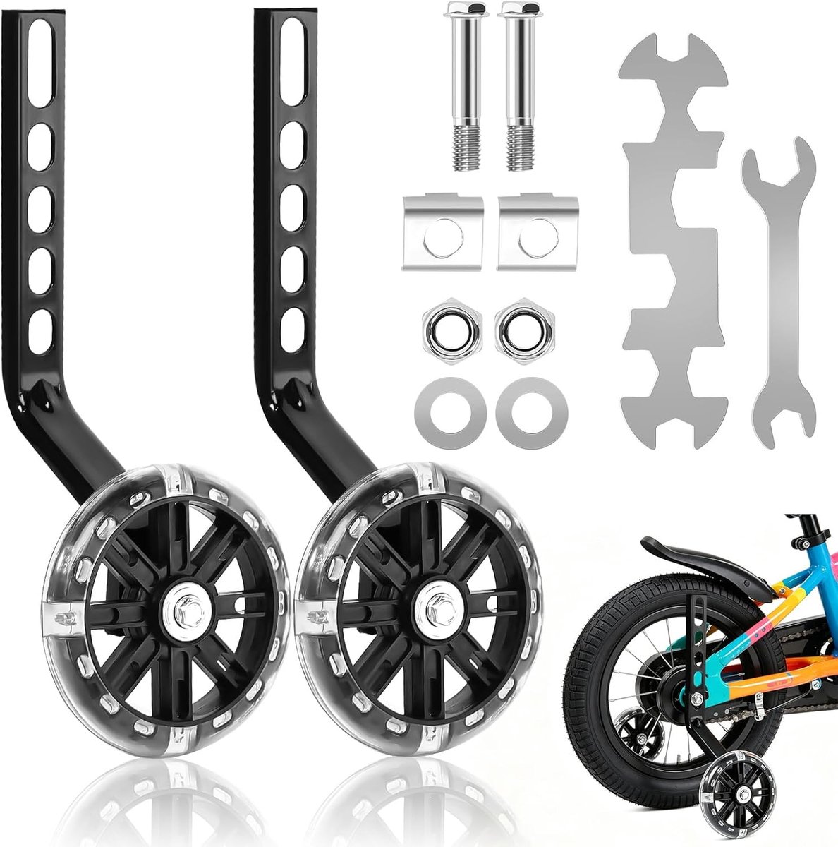 Wielen, 1 paar zwarte steunwielen, universele fiets hulpwielen, verstelbare veiligheidssteunwielen met Mute Flash wielen voor 12 14 16 18 20 inch Single Speed Bike