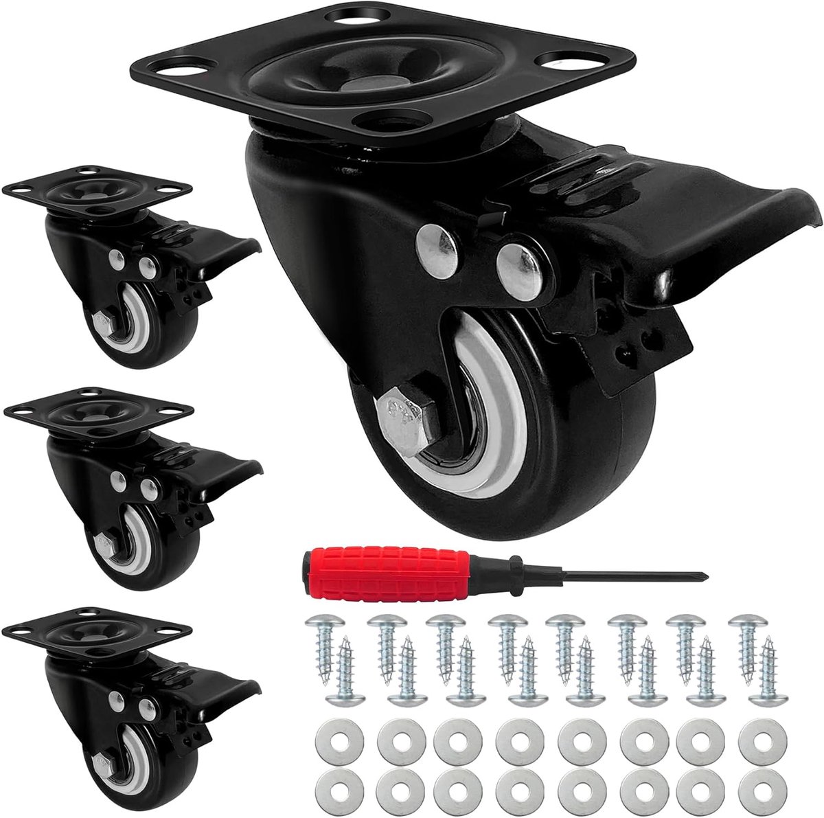 Zwenkwielen, transportwielen, 50 mm, 280 kg belasting, meubelwielen, vergrendelend met veiligheidsvergrendeling, 4 stuks, met schroeven, schroevendraaier