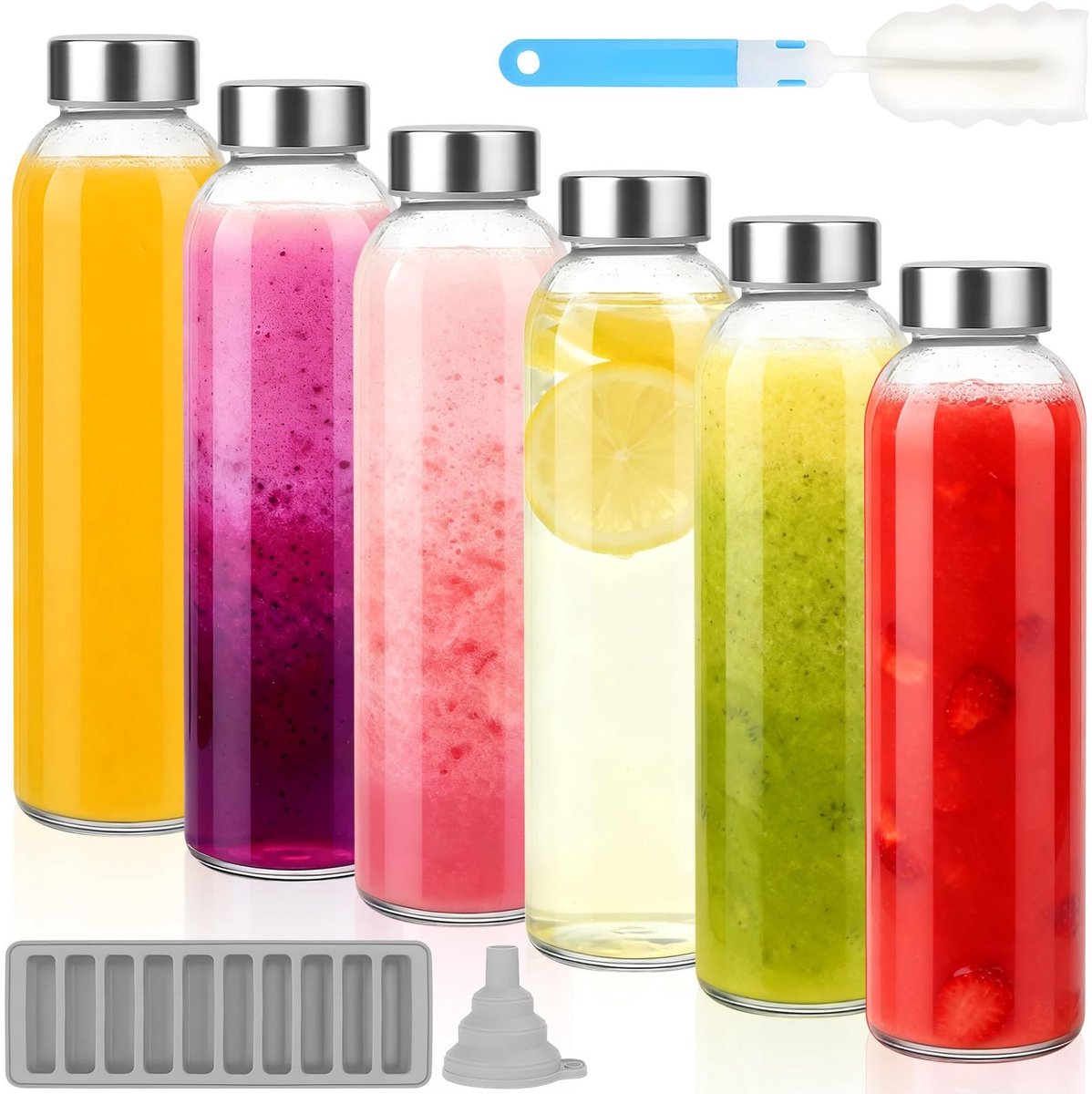 Omgoods - Set van 6 Herbruikbare Glas Sapflessen 500ml met Deksels