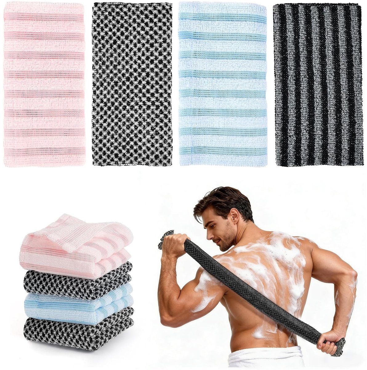 Omgoods - Set van 4 Exfoliërende Douchehanddoeken voor Diepe Reiniging