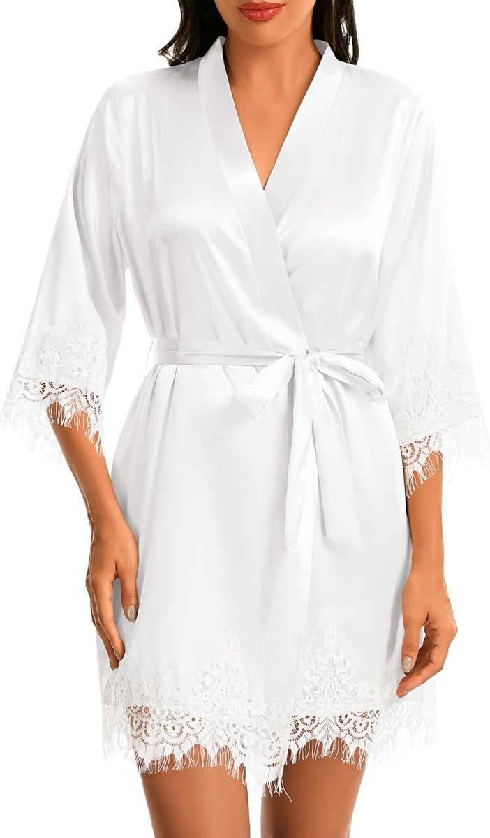 Satijnen badjas voor dames, kort, sexy, kimono, ochtendjas voor thuis, bruidsbadjas met kanten rand aan mouwen en zoom met riem