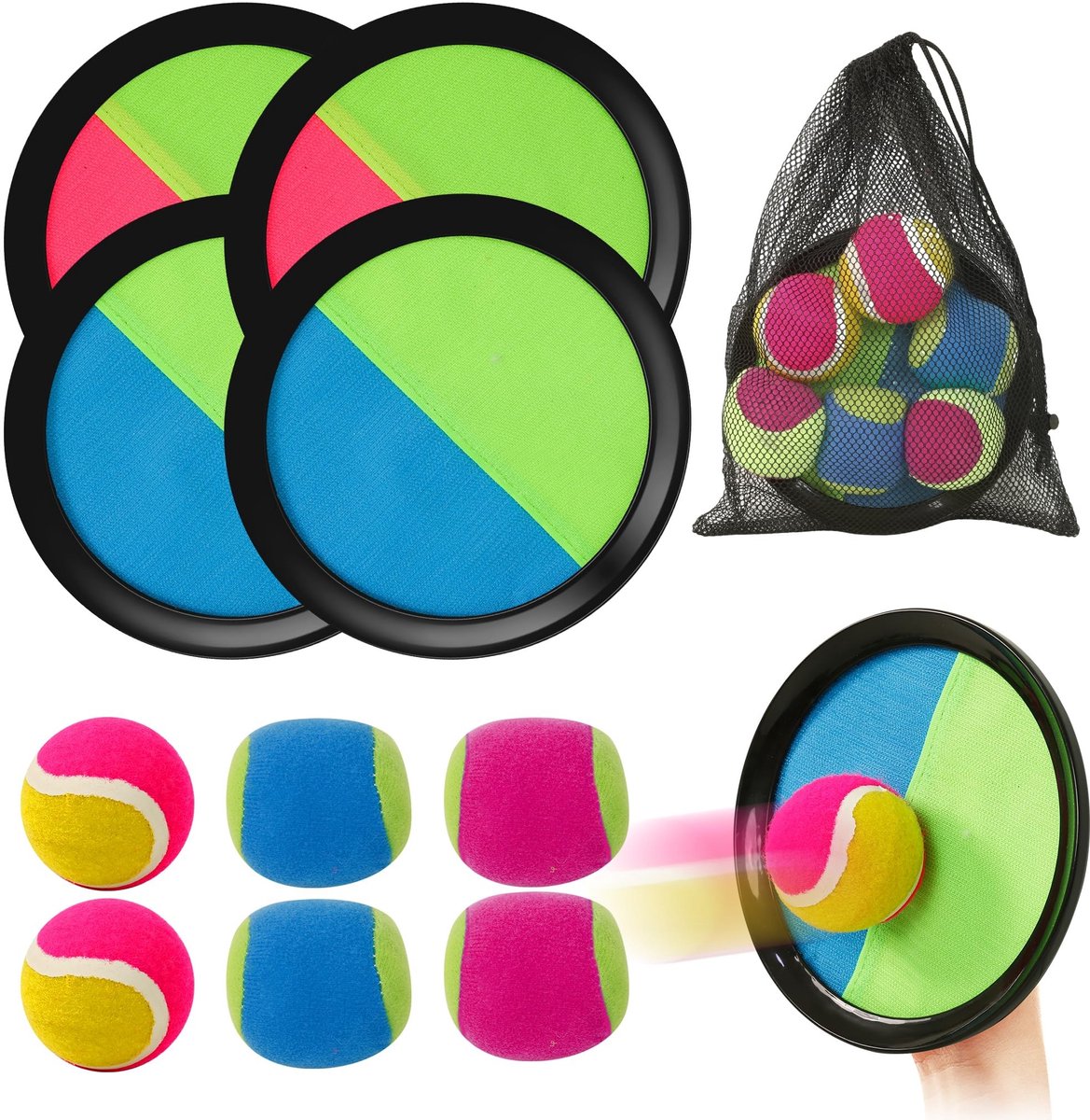 Omgoods- Klittenbandbalspel set met 4 vangschijven - 6 ballen (4 zachte/2 harde) - opbergtas - outdoor spel - werpspel voor kinderen - actie en plezier voor het gezin