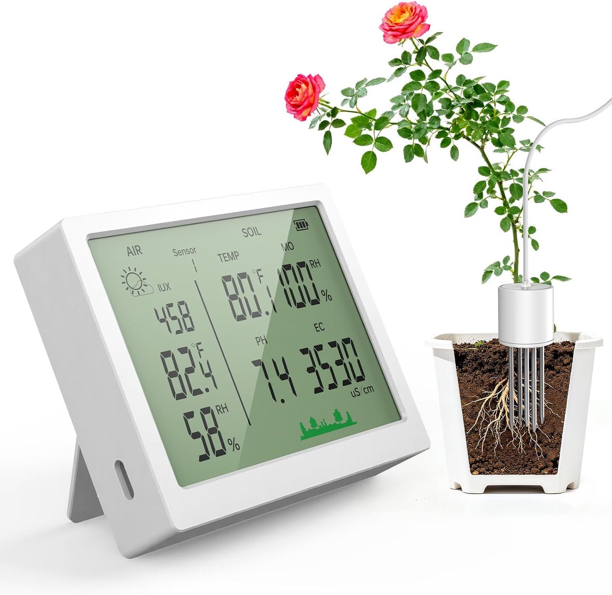 Bodemvochtigheidsmeter, 7-in-1 pH-meetapparaat, aarde, vochtigheidsmeter voor planten en lucht, 2 temperaturen, licht, vruchtbaarheid, met lcd-display, premium bodemtester voor tuinieren, gazon