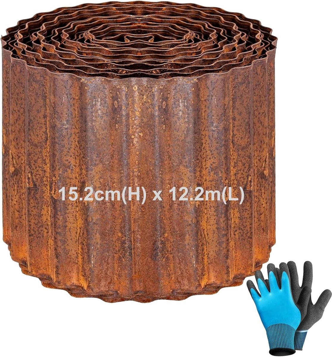 Tuinrand van cortenstaal, 12,2 m, 15 cm H, gazon voor bloembedden, paden, bomen en grind, 1 paar handschoenen inbegrepen